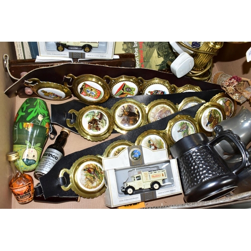 503 - ONE BOX OF SUNDRY ITEMS, to include a modern electric table lamp in the form of a brass oil lamp, tw... 