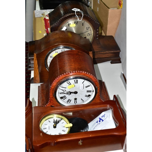 510 - THREE WOODEN MANTEL CLOCKS AND A WOODEN CASED WALL CLOCK, comprising a 1920s Westminster chimes mant... 