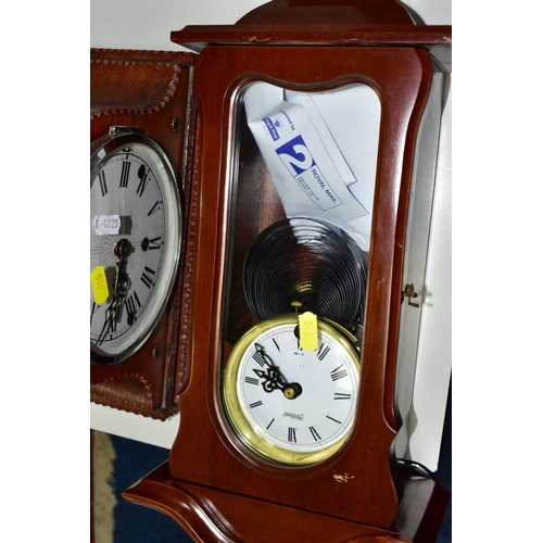 510 - THREE WOODEN MANTEL CLOCKS AND A WOODEN CASED WALL CLOCK, comprising a 1920s Westminster chimes mant... 