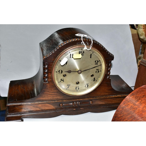 510 - THREE WOODEN MANTEL CLOCKS AND A WOODEN CASED WALL CLOCK, comprising a 1920s Westminster chimes mant... 