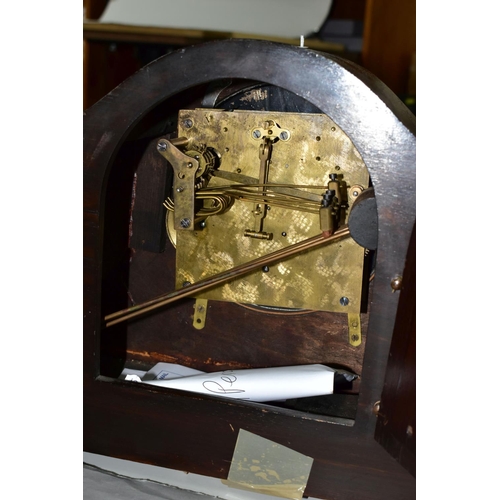 510 - THREE WOODEN MANTEL CLOCKS AND A WOODEN CASED WALL CLOCK, comprising a 1920s Westminster chimes mant... 