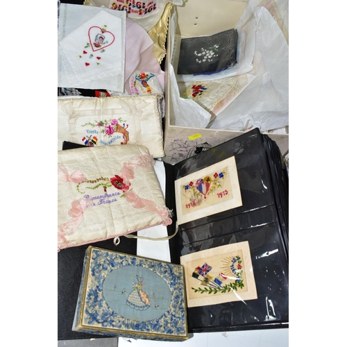 515 - SILK POSTCARDS, one album containing 100 WWI era embroidered silk Postcards and one box containing a... 