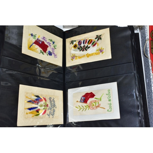 515 - SILK POSTCARDS, one album containing 100 WWI era embroidered silk Postcards and one box containing a... 