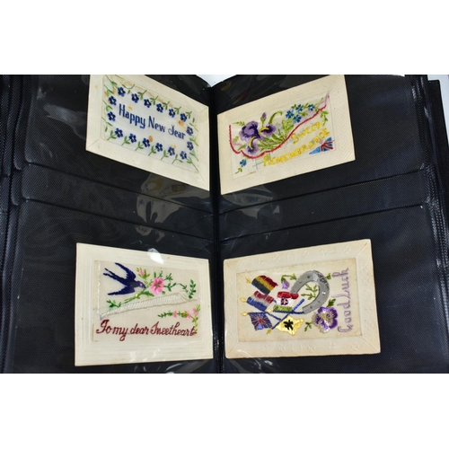 515 - SILK POSTCARDS, one album containing 100 WWI era embroidered silk Postcards and one box containing a... 