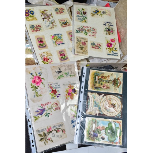 515 - SILK POSTCARDS, one album containing 100 WWI era embroidered silk Postcards and one box containing a... 