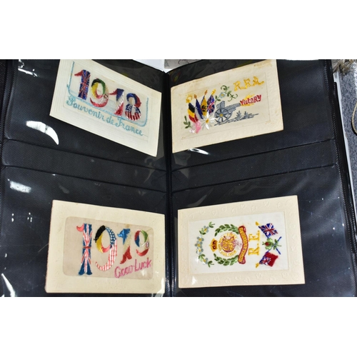 515 - SILK POSTCARDS, one album containing 100 WWI era embroidered silk Postcards and one box containing a... 