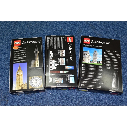 519 - LEGO ARCHITECTURE, three sets, The Leaning Tower of Pisa, no.21015, Venice, no. 21026 and Big Ben, n... 