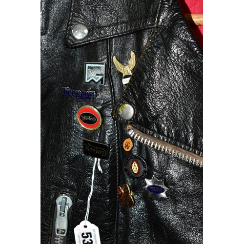 536 - A BLACK LEATHER PIN BADGE BIKER'S JACKET, size small, Frank N Furter style, with sixteen metal pin b... 