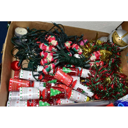 537 - THREE BOXES OF ASSORTED CHRISTMAS BAUBLES, LIGHTS AND ORNAMENTS, to include a boxed Father Christmas... 