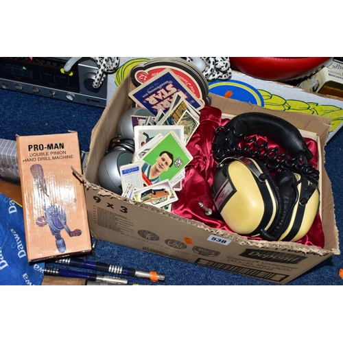 538 - THREE BOXES OF ASSORTED SUNDRIES, to include a boxed set of Prinzsound Pro 5AA headphones, a pair of... 