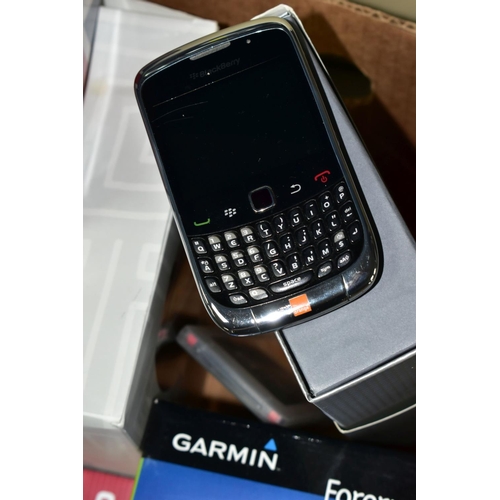 540 - TWO BOXES OF ELECTRICAL AND TECHNICAL ITEMS, to include three mobile phones, a Blackberry 9300 and a... 