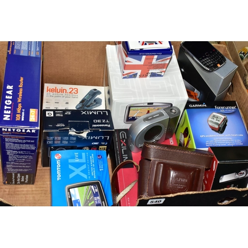 540 - TWO BOXES OF ELECTRICAL AND TECHNICAL ITEMS, to include three mobile phones, a Blackberry 9300 and a... 