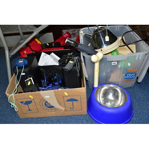 543 - ONE BOX OF TECHNICAL ITEMS AND SUNDRIES, to include three adult Crewsaver 150N Lifejackets EN396, a ... 