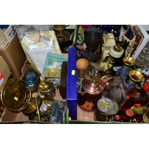 545 - TWO BOXES OF ASSORTED SUNDRIES, to include a ceramic based table lamp, height 43cm to top of brass f... 