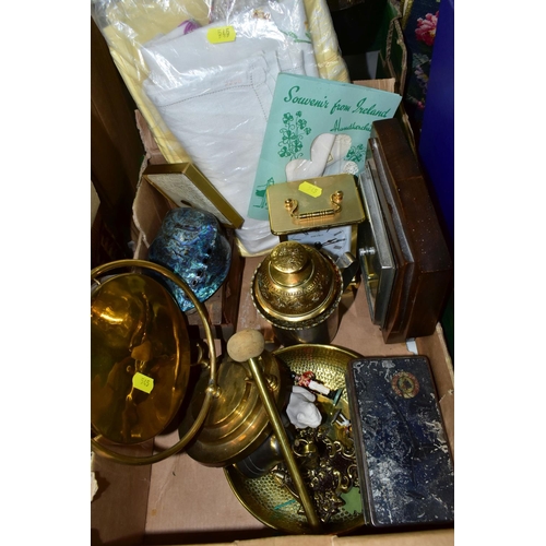 545 - TWO BOXES OF ASSORTED SUNDRIES, to include a ceramic based table lamp, height 43cm to top of brass f... 