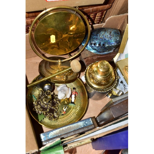 545 - TWO BOXES OF ASSORTED SUNDRIES, to include a ceramic based table lamp, height 43cm to top of brass f... 