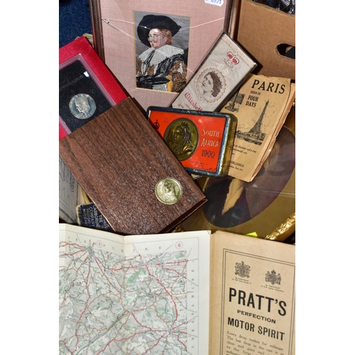 548 - TWO BOXES OF METALWARE, to include a Boer War Christmas 1900 Fry's chocolate tin for soldiers with a... 