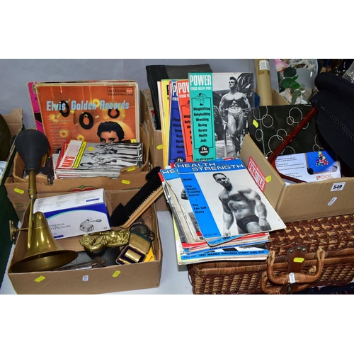 549 - FOUR BOXES OF SUNDRIES AND ONE PICNIC BASKET, to include a black Breton cap, a large brass vintage c... 