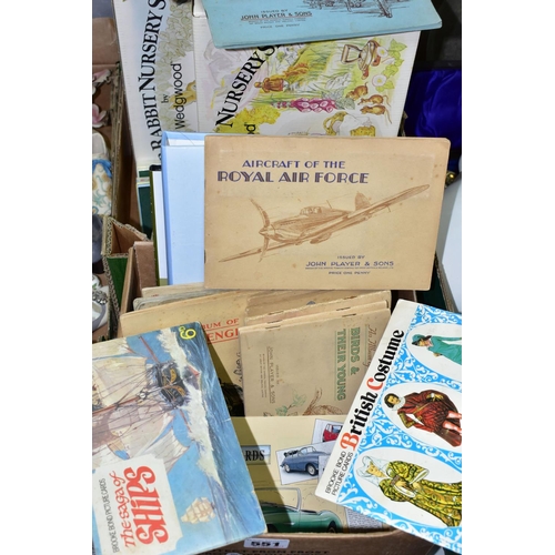 551 - TWO BOXES OF CIGARETTE CARDS AND ALBUMS TOGETHER WITH WEDGWOOD BEATRIX POTTER CERAMICS, to include s... 