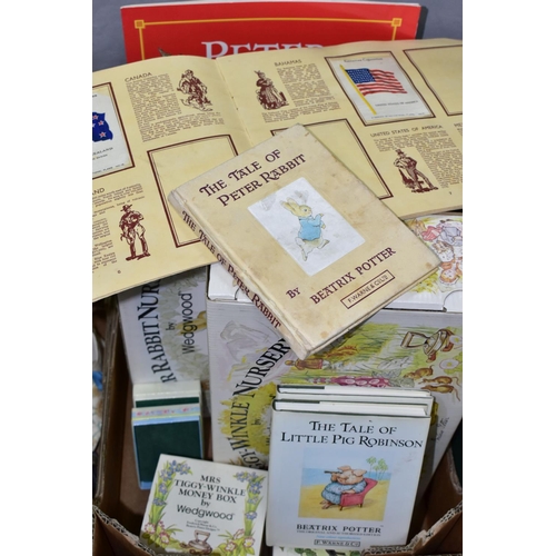 551 - TWO BOXES OF CIGARETTE CARDS AND ALBUMS TOGETHER WITH WEDGWOOD BEATRIX POTTER CERAMICS, to include s... 