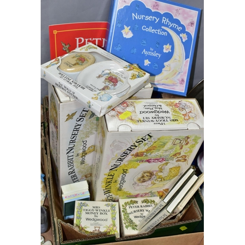 551 - TWO BOXES OF CIGARETTE CARDS AND ALBUMS TOGETHER WITH WEDGWOOD BEATRIX POTTER CERAMICS, to include s... 