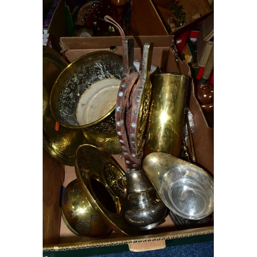 555 - THREE BOXES OF METALWARE, to include two copper wash day dollies, an autograph book with drawings an... 