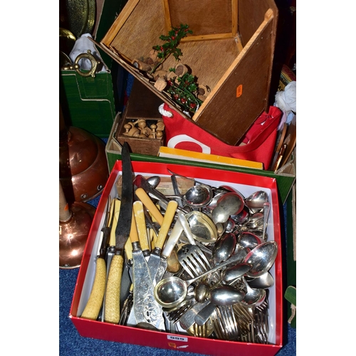 555 - THREE BOXES OF METALWARE, to include two copper wash day dollies, an autograph book with drawings an... 