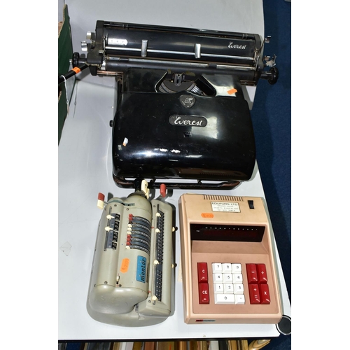 556 - OFFICE EQUIPMENT, an Everest model ST manual typewriter, made in Italy, a Lago Calc. Inc. electronic... 