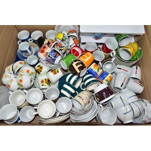 558 - A BOX AND LOOSE COFFEE CUPS AND SAUCERS, over one hundred pieces, contemporary and mainly espresso s... 