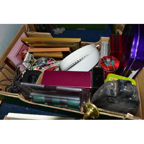 559 - THREE BOXES AND LOOSE PICTURES, BOOKS, CHRISTMAS DECORATIONS AND SUNDRY HOMEWARES, to include fiftee... 