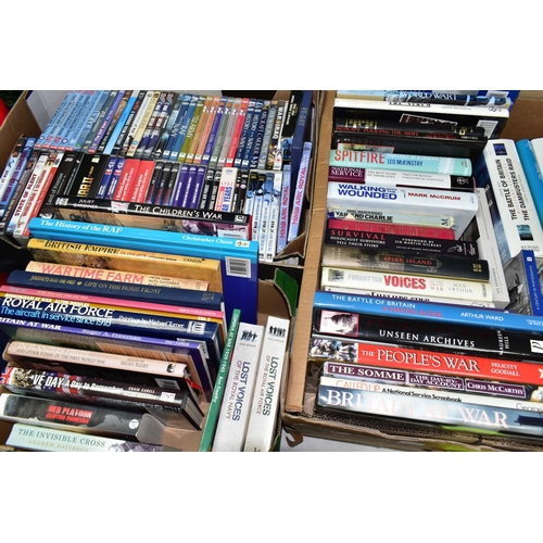 568 - BOOKS & DVDS, two boxes of books containing approximately forty-five titles related to the military ... 