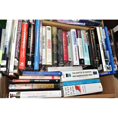 568 - BOOKS & DVDS, two boxes of books containing approximately forty-five titles related to the military ... 