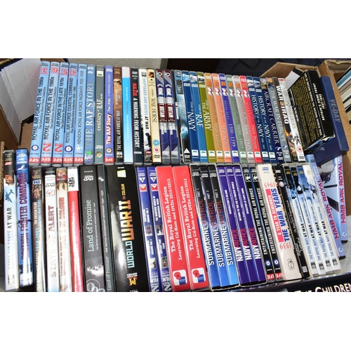 568 - BOOKS & DVDS, two boxes of books containing approximately forty-five titles related to the military ... 