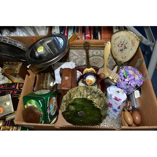 569 - SEVEN BOXES AND LOOSE SUNDRY ITEMS ETC, to include a set of Russian nesting Matryoshka dolls, petit ... 