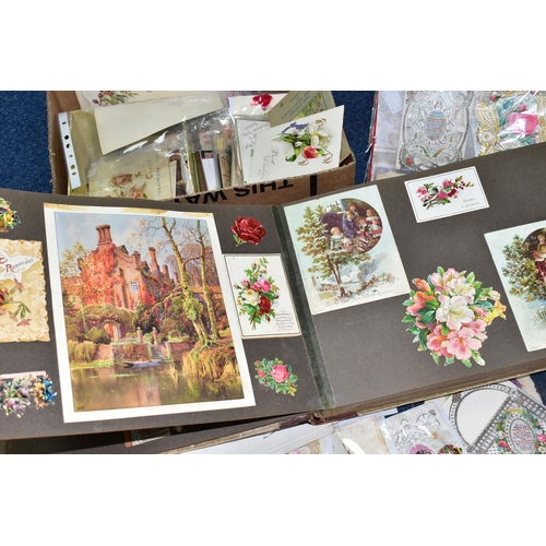 573 - VICTORIAN & EDWARDIAN EPHEMERA two boxes to include greetings cards, postcards, a scrapbook, a small... 