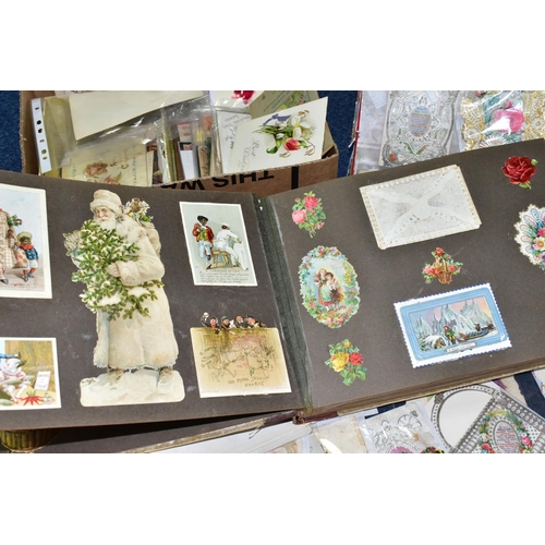 573 - VICTORIAN & EDWARDIAN EPHEMERA two boxes to include greetings cards, postcards, a scrapbook, a small... 