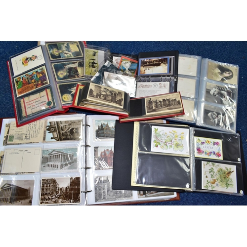 522 - POSTCARDS, one box containing approximately 500 postcards in seven albums, featuring sentimental, po... 