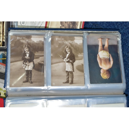 522 - POSTCARDS, one box containing approximately 500 postcards in seven albums, featuring sentimental, po... 