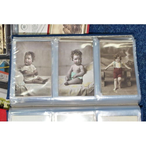 522 - POSTCARDS, one box containing approximately 500 postcards in seven albums, featuring sentimental, po... 