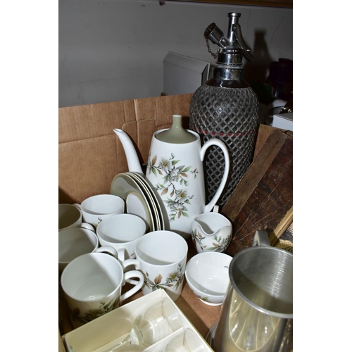 351 - A BOX OF EPHEMERA, CERAMICS, GLASS AND METALWARES, to include a Sparklets soda syphon, a thirteen pi... 