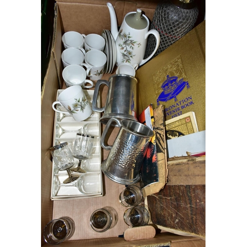 351 - A BOX OF EPHEMERA, CERAMICS, GLASS AND METALWARES, to include a Sparklets soda syphon, a thirteen pi... 