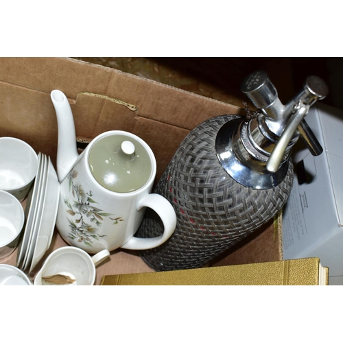 351 - A BOX OF EPHEMERA, CERAMICS, GLASS AND METALWARES, to include a Sparklets soda syphon, a thirteen pi... 