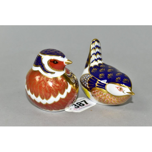 387 - TWO ROYAL CROWN DERBY BIRD PAPERWEIGHTS, comprising a Chaffinch, and a Wren, each with a silver stop... 