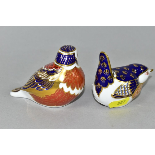 387 - TWO ROYAL CROWN DERBY BIRD PAPERWEIGHTS, comprising a Chaffinch, and a Wren, each with a silver stop... 