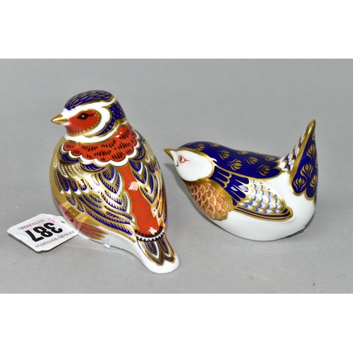 387 - TWO ROYAL CROWN DERBY BIRD PAPERWEIGHTS, comprising a Chaffinch, and a Wren, each with a silver stop... 