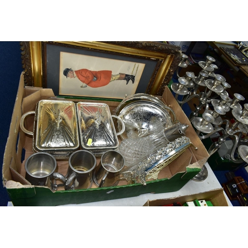 474 - ONE BOX OF METALWARE, to include three stainless steel five flame candelabra, height 39cm, two glass... 