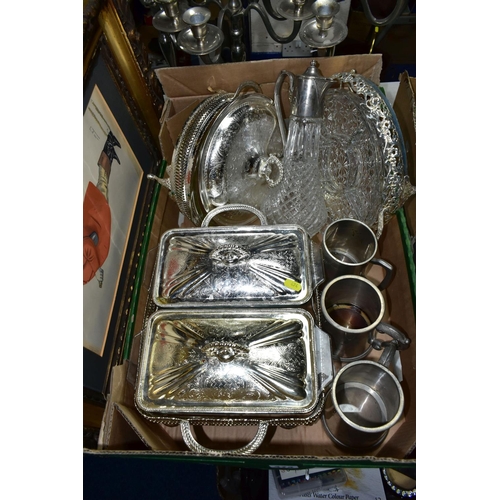 474 - ONE BOX OF METALWARE, to include three stainless steel five flame candelabra, height 39cm, two glass... 