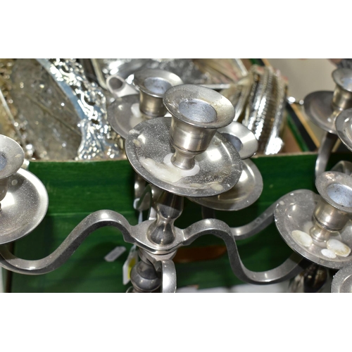 474 - ONE BOX OF METALWARE, to include three stainless steel five flame candelabra, height 39cm, two glass... 