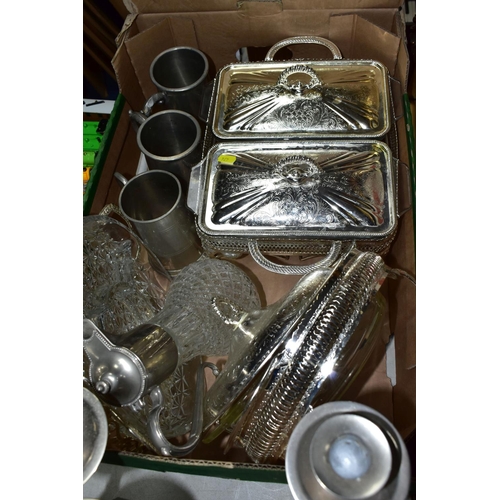 474 - ONE BOX OF METALWARE, to include three stainless steel five flame candelabra, height 39cm, two glass... 