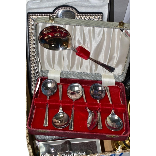 577 - A BOX OF SILVER PLATED ITEMS AND A MINER'S LAMP, to include a 'British Coalmining Company, Wales, UK... 